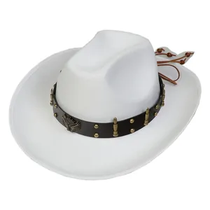 White western cowboy felt hat with brown leather band and metallic eagle badge accent