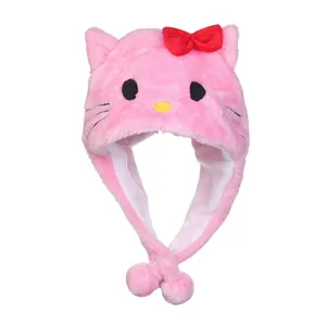 Detailed embroidery of Hello Kitty facial features on soft pink plush winter hat