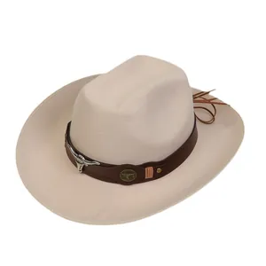 Classic beige western cowboy hat with a bull skull metal ornament and leather band