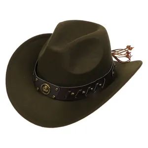 Detail of felt cowboy hat with leather band, gold metal emblems and adjustable drawstring