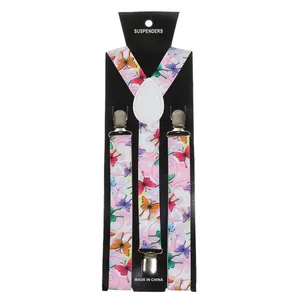 Detail of Y-back pink butterfly suspenders with silver clips and leather joiner on card