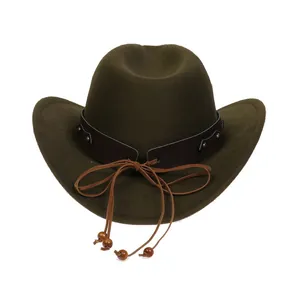 Detail of olive green cowboy hat with studded leather band and decorative wooden beads