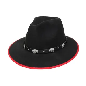 Cappello fedora jazz etnico nero con bordo rosso e fascia in pelle argentata