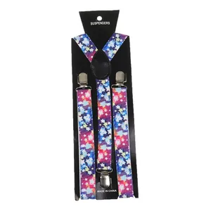 Close-up of Y-back elastic suspenders with star pattern on a black display card