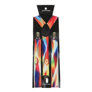 Detail of colorful Y-back elastic suspenders with metal clips and geometric patterns