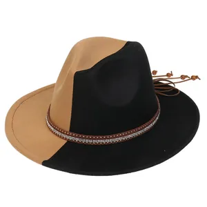 Two-tone khaki and black wool fedora hat with rhinestone band and beaded tassel accents