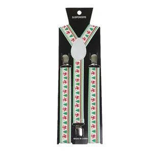 Elastic Christmas suspenders with reindeer and tree patterns and metal clips