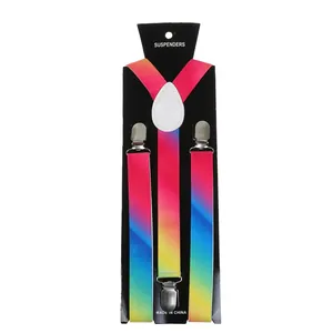 Detail view of colorful rainbow gradient suspenders with silver clips and Y-back design