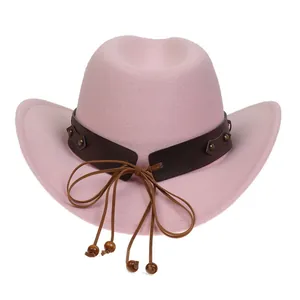 Detailed view of pink wool cowboy hat with studded leather band and wooden bead drawstring