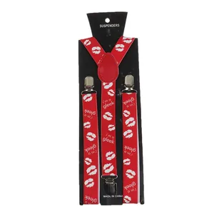 Detail of red elastic suspenders with white lip patterns and strong metal clips