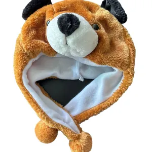 Brown plush animal hat with bear ears and white faux fur lining for kids and adults