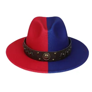 Two-tone red and blue wool fedora hat with brown leather band and metallic horse emblem