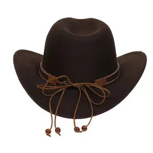 Detail of dark brown felt cowboy hat with colorful geometric woven band and wooden beads