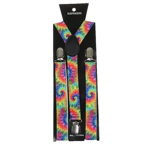 Detail of rainbow tie-dye suspenders with silver metal clips and black leather joiner