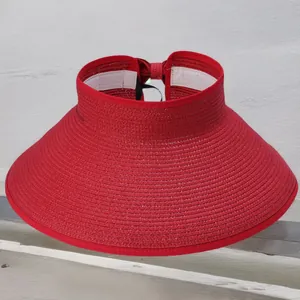 Women Foldable Straw Sun Visor Hat Wide Brim Summer Beach Hat Solid Color Sun Protection Woven Sun Hat With Bow For Women