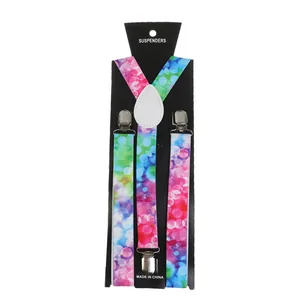 Vertical view of 2.5cm colorful bokeh dot suspenders with metal clips on white background