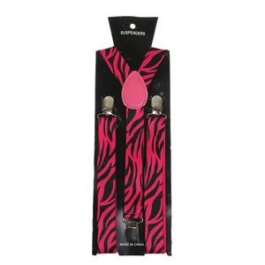 Detail of pink and black zebra pattern Y-shape elastic suspenders with metal clips