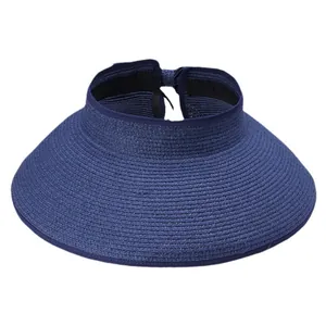 Navy blue woven sun visor hat for women featuring a foldable and breathable open top design