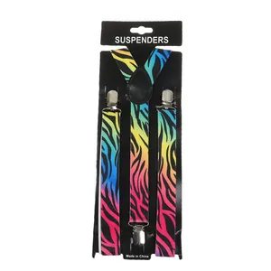 Detail of rainbow zebra print suspenders on black display card with silver clips