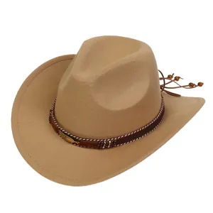 Detailed shot of khaki felt cowboy hat with braided band, feather pendant and wood beads