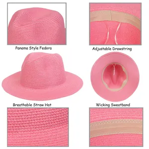 Detail view of pink Panama straw hat with adjustable drawstring and inner sweatband