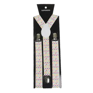 Detail of Y-back suspenders with colorful polka dots, metal clips and white leather joiner