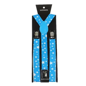 Detail of sky blue suspenders with white star patterns on a black display card
