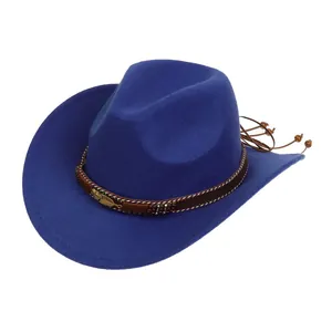 Detail of navy felt cowboy hat with leather band and golden feather ornament