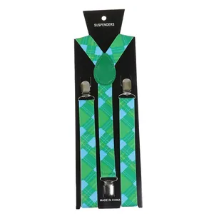 Detail of green and blue checkered suspenders with silver clips and leather connector