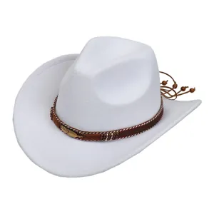 Detailed side view of a white felt cowboy hat with feather metal piece and colorful beads