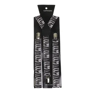 Detail view of adjustable Y-back suspenders featuring zebra print and metal clips