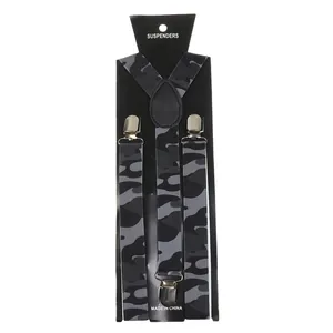 Detail of camouflage suspenders with strong metal clips on black display card
