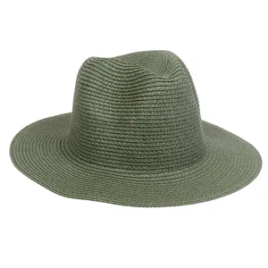 Detailed texture of the army green woven paper straw fedora hat with sun protection brim