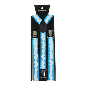 Detail of Y-back elastic suspenders with blue zigzag patterns and metal clips