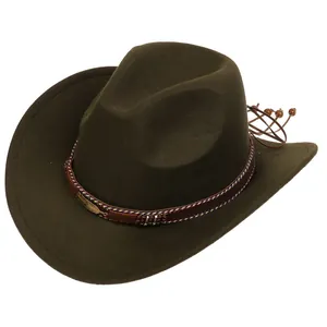 Macro detail of dark olive felt cowboy hat featuring bead accents and gold feather charm