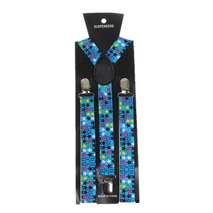 Detail of blue Y-back suspenders with colorful star pattern and metal clips on a card