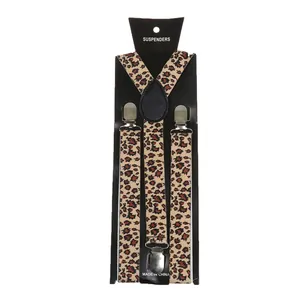 Detail of leopard print suspenders with high-elastic fabric and silver metal clips