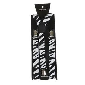 Close-up of zebra pattern suspenders with metal clips and leather joint on card