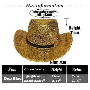 Tabella taglie cappello da cowboy con paillettes dorate e dimensioni 56-58cm per party