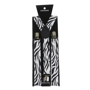 Detail of zebra pattern suspenders with silver metal clips on display card