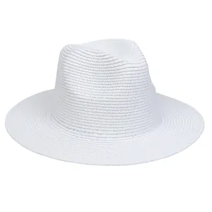 Close-up of finely woven white fedora straw hat showing texture and recessed crown detail