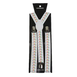Detail of Y-back elastic suspenders with butterfly print and strong metal clips