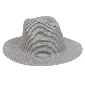 Detail of grey straw fedora showing high-quality woven texture and wide flat brim