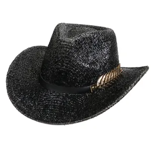 Chapeau de cowboy noir scintillant à large bord avec détail de feuille dorée métallique