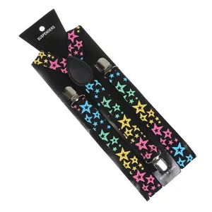 Y-back elastic suspenders with colorful star print and strong silver metal clips