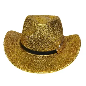 Detail of gold glitter cowboy hat with black leather band and leaf-shaped metal buckle