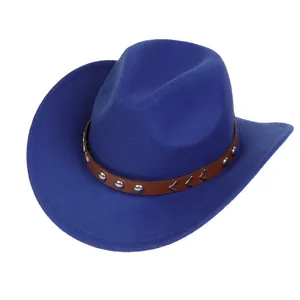 Detail of navy wool cowboy hat crown featuring brown leather band and silver studs