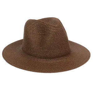 Detailed close-up showing the fine weave and C-crown shape of the brown straw fedora hat