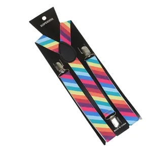 Rainbow striped elastic suspenders with silver metal clips and black leather joiner