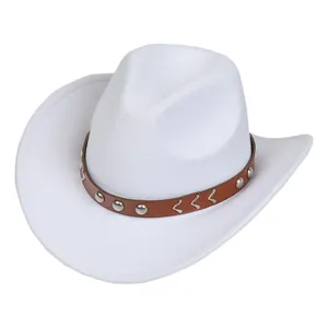 Detail of white cowboy hat with brown leather band and silver metallic stud accents
